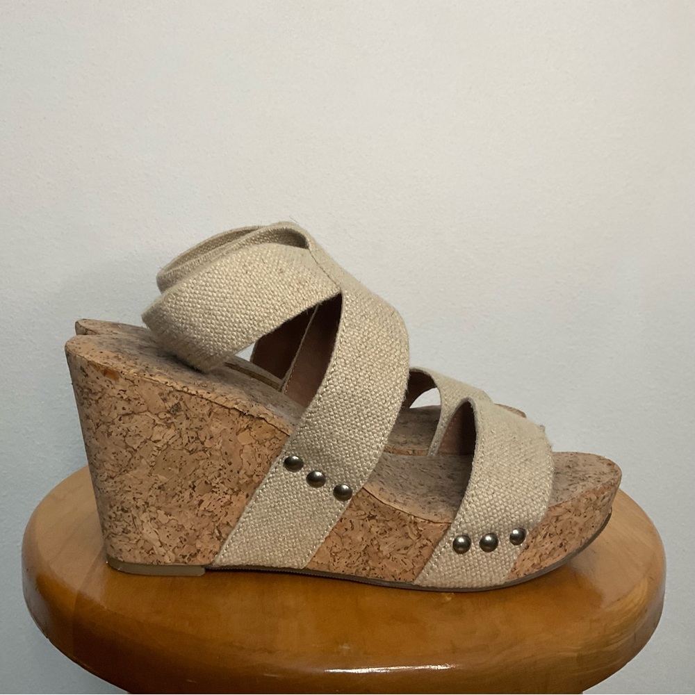 Lucky Brand Cork Wedge Cream Canvas Strappy Sandals Size 10 Spring Summer